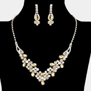 Silver w/Yellow & Crystal Rhinestone Teardrop Statement Necklace Set